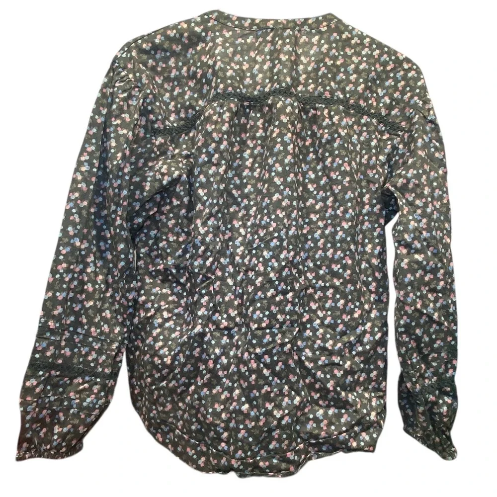 Lucky Brand Womens Ditsy Floral Button Front Blouse Cotton Lace Trim Black Small - Picture 2 of 8